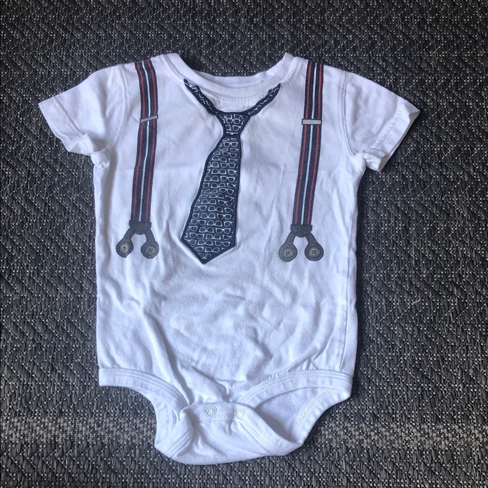 White Baby Bodysuit onesie with Navy Tie and Striped Suspenders